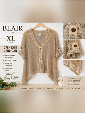 BLAIR Beige Open-Weave Button Front Top Beach Cover-Up Top XL